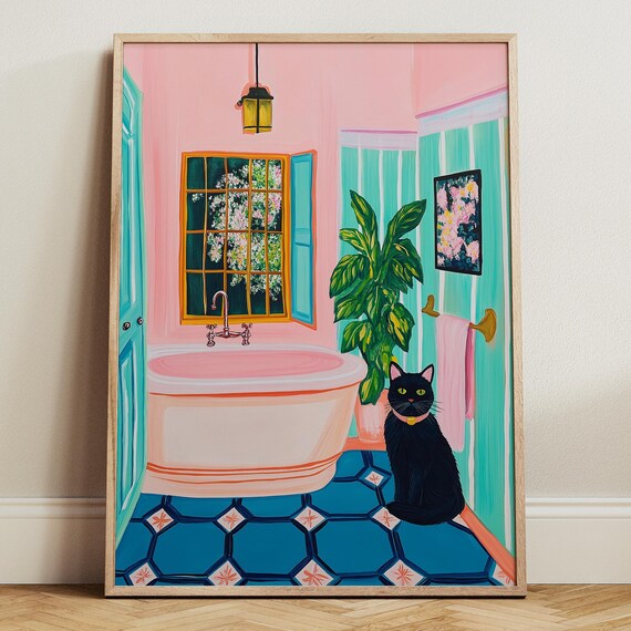 Black Cat In A Pink Bathroom With Bathtub And Green Plants Poster