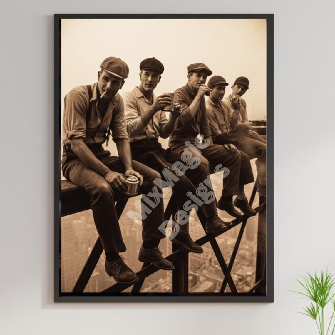 Vintage 1930s Skyscraper Steel Beam Workers Lunch Sepia Poster