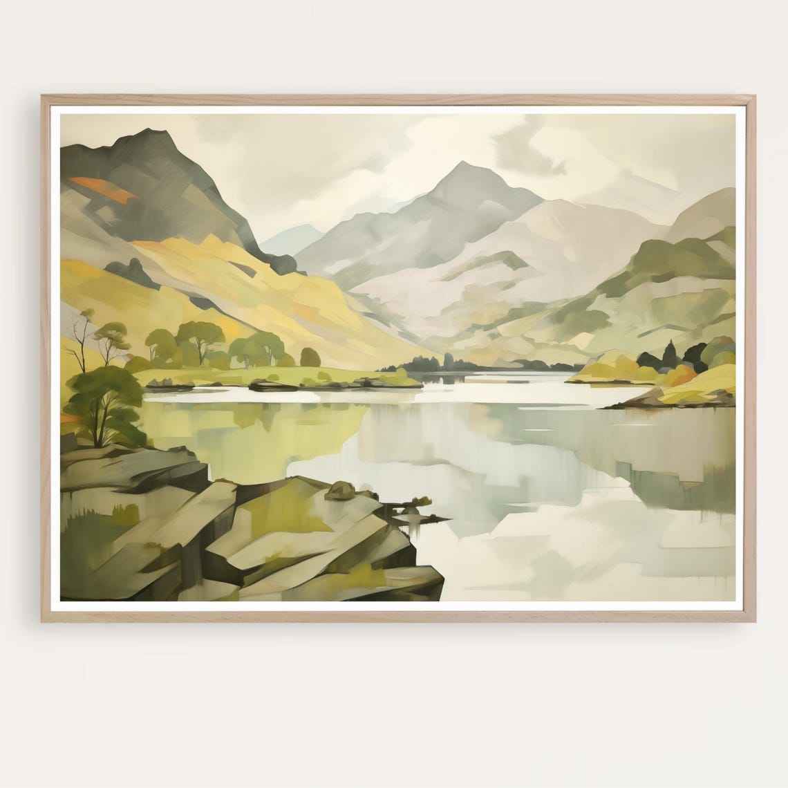 Lake And Mountain Valley Watercolor Landscape Scenic Art Print