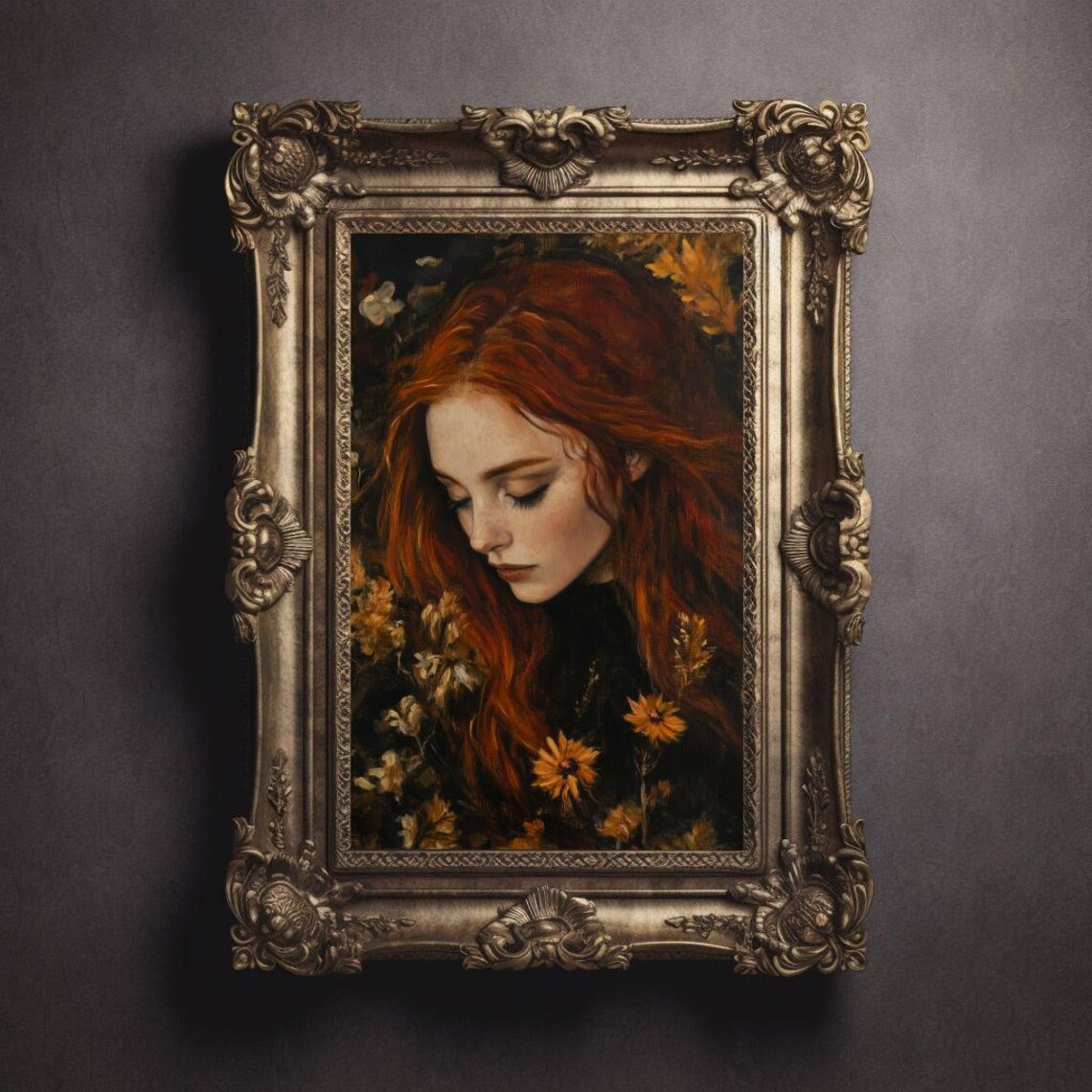 Red Haired Woman Victorian Dark Academia Oil Painting Portrait Poster - Image 3