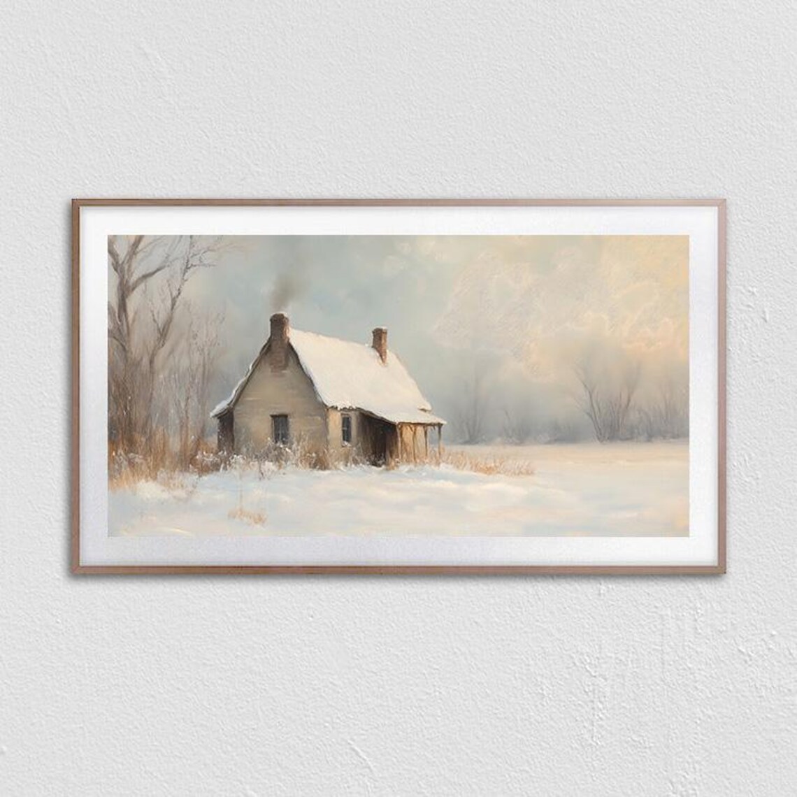 Snow Covered Rustic Cabin in Winter Field Cozy Vintage Painting Poster - Image 3