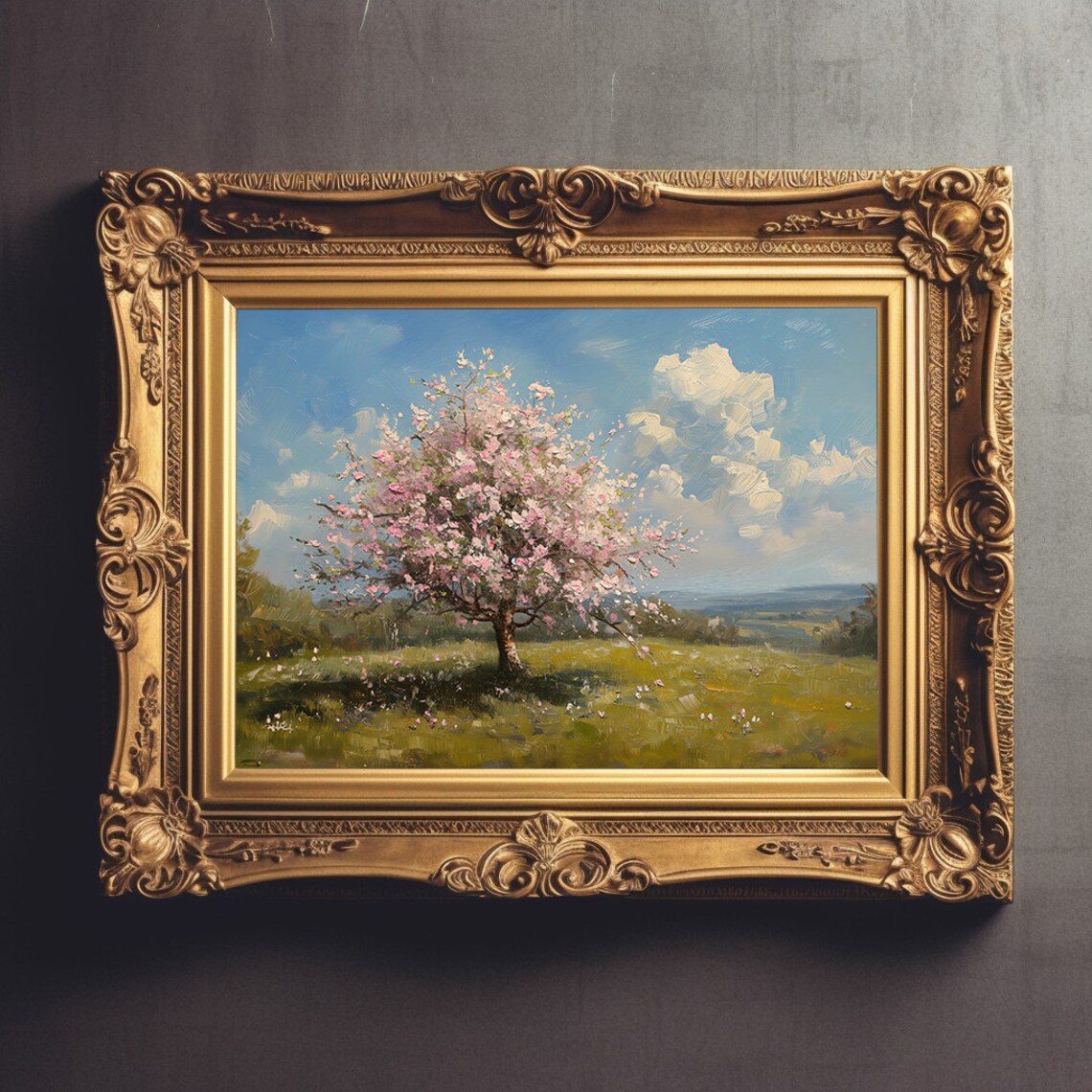 Cherry Blossom Tree in Bloom Oil Painting Over Green Spring Meadow Poster - Image 3