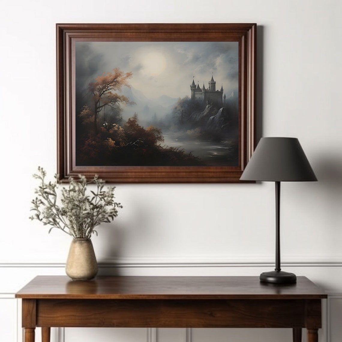 Moonlit Castle Misty Hill Dark Fairytale Forest Gothic Wall Art - Image 2