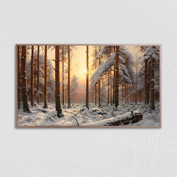 Golden Sunrise Streaming Through A Snowy Pine Forest Winter Poster