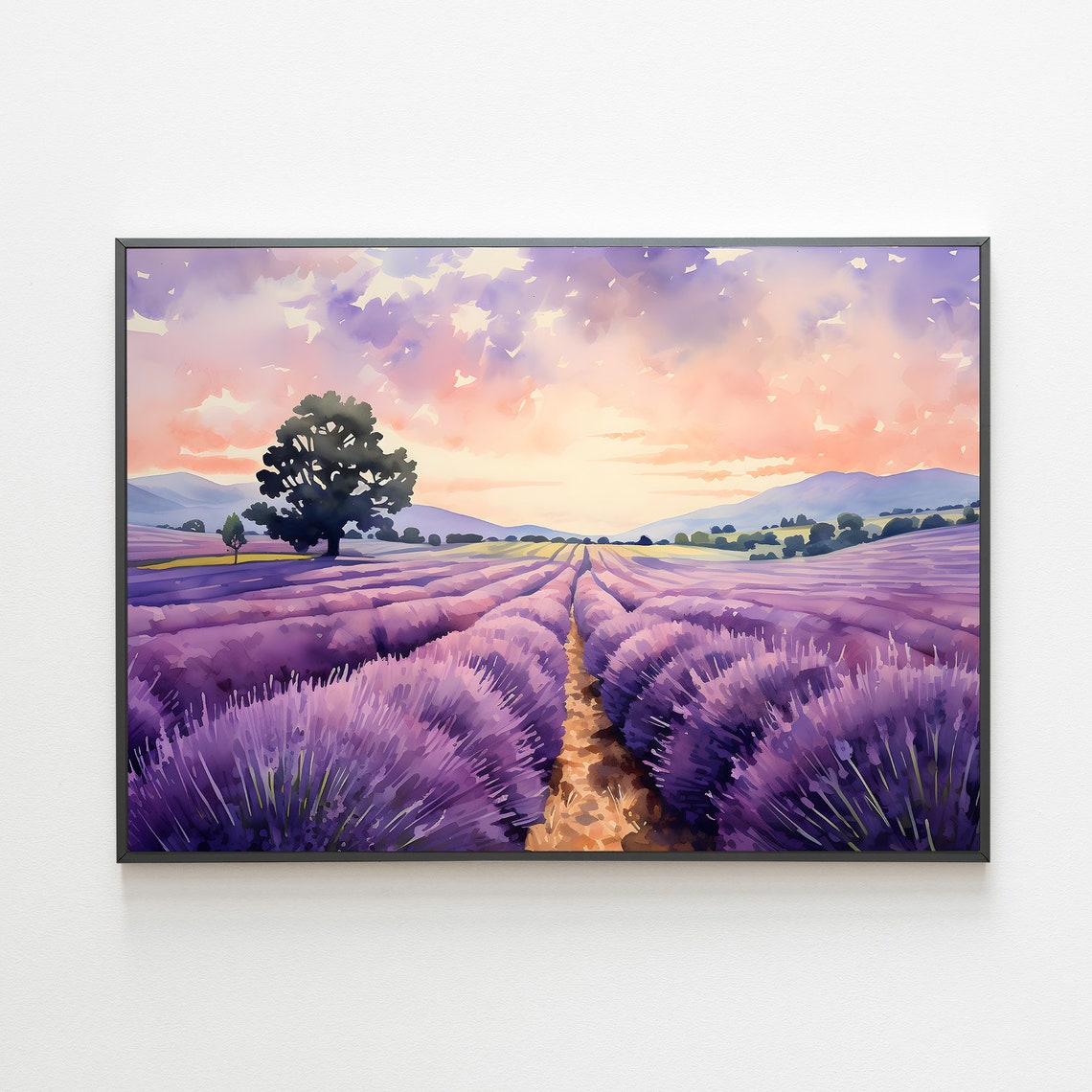 Lavender Field Art French Country Print Lavender Watercolor Landscape Watercolor Wildflowers Painting Art