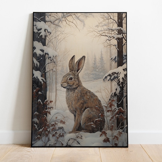 Brown Hare Sitting Among Snowy Woodland Branches Wildlife Wall Art