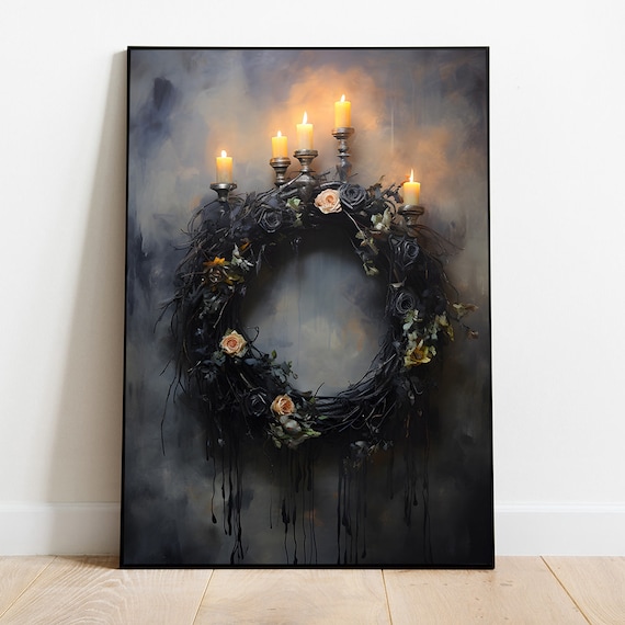 Black Rose Wreath With Candles Gothic Halloween Candlelight Poster