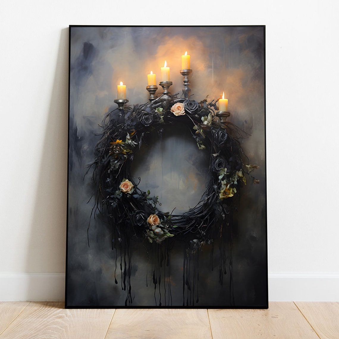 Black Rose Wreath With Candles Gothic Halloween Candlelight Poster