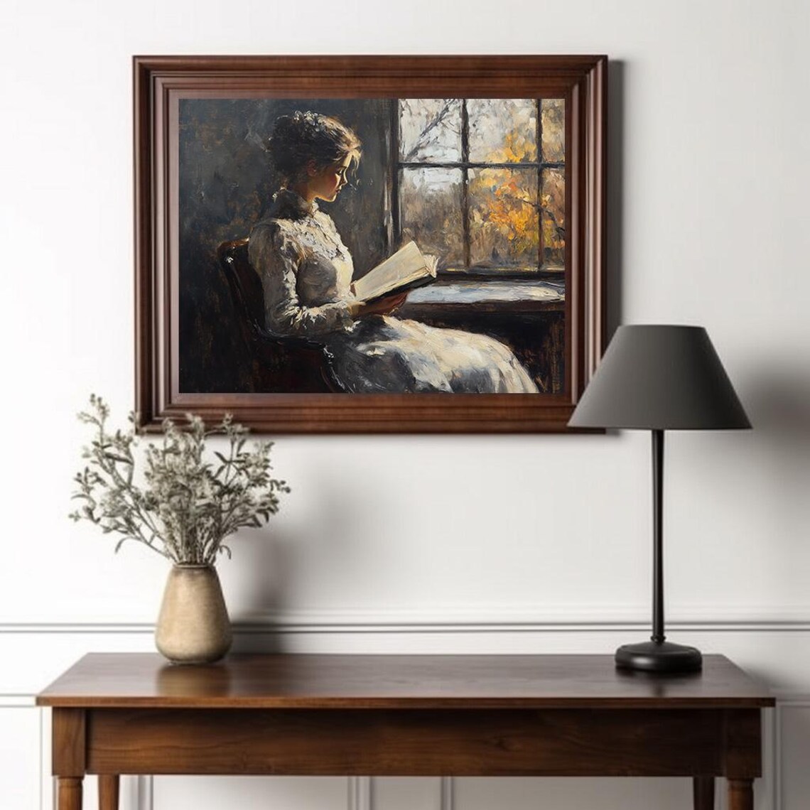 Vintage Woman Reading by Window Victorian Dress Moody Oil Painting Poster - Image 2