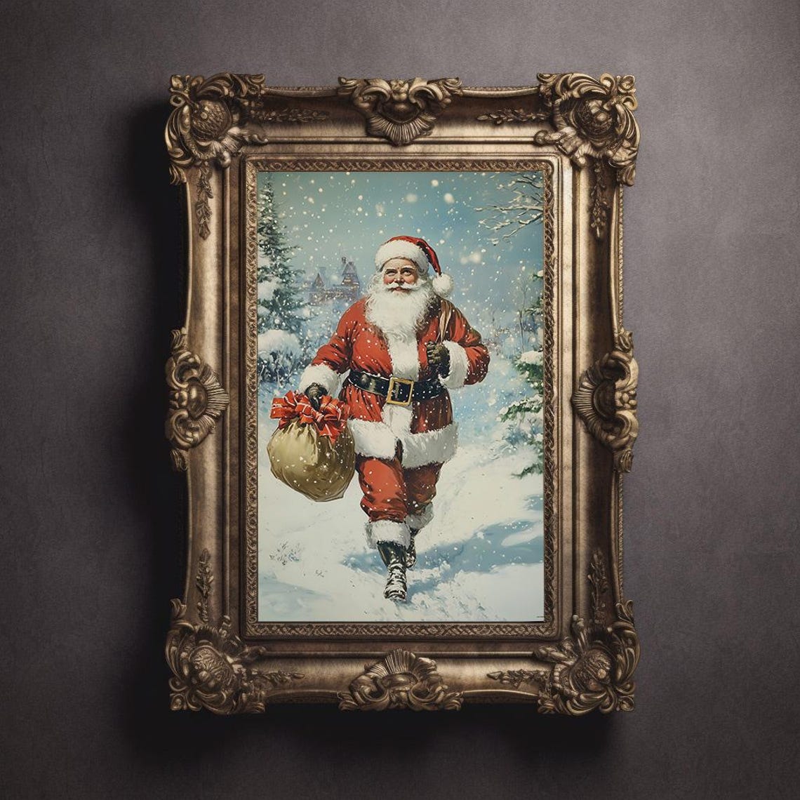 Vintage Santa Claus Walking in Snow with Gift Bag Retro Style Poster - Image 3