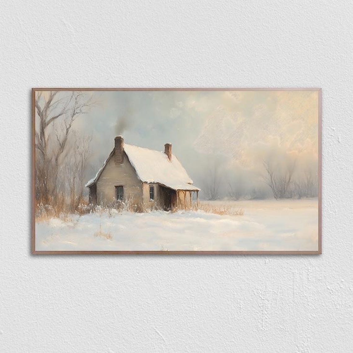 Snow Covered Rustic Cabin in Winter Field Cozy Vintage Painting Poster