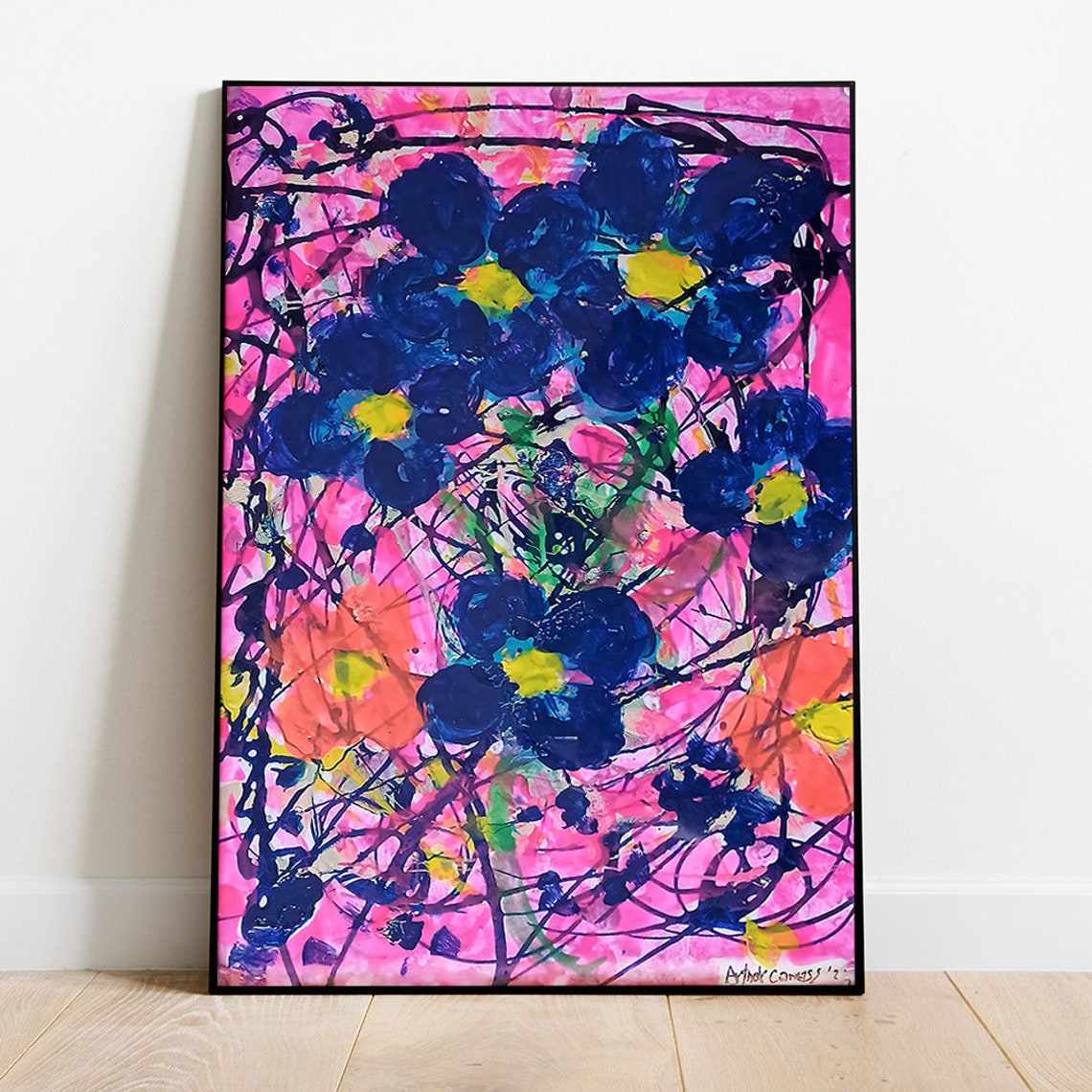 Vibrant Pink Floral Abstract Painting Cobalt Blue Flowers Poster