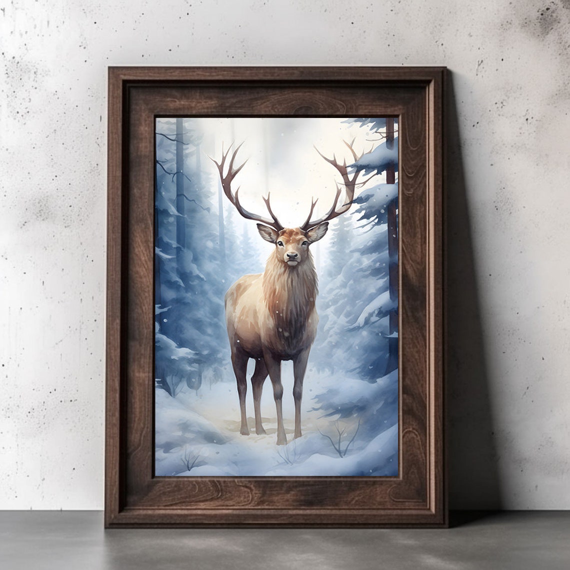 Majestic Stag With Antlers In Snowy Blue Winter Forest Poster - Image 3