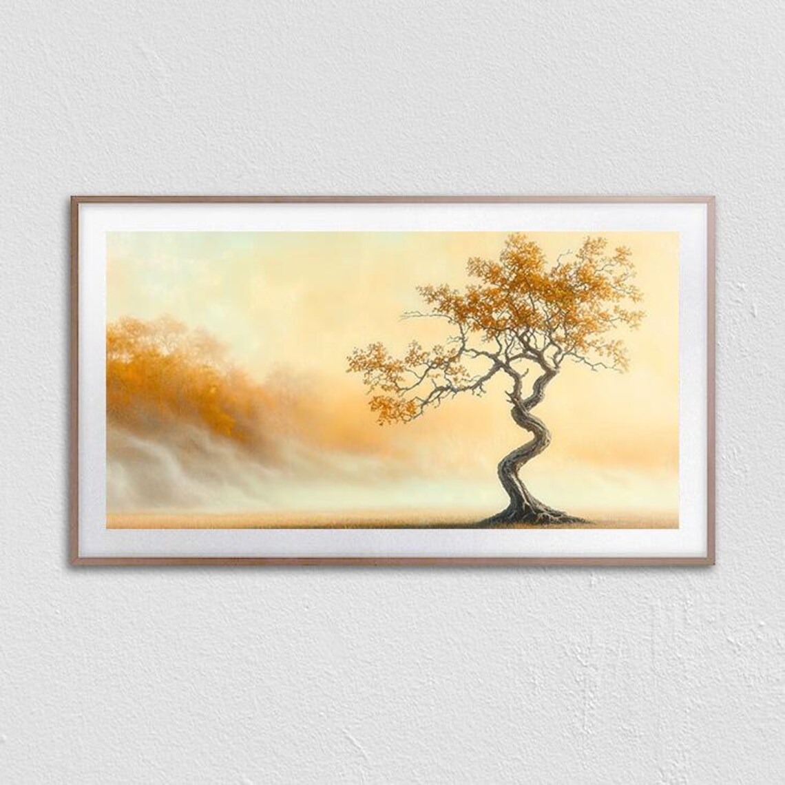 Twisted Golden Tree in Misty Fog Glowing Amber Autumn Landscape Poster - Image 3