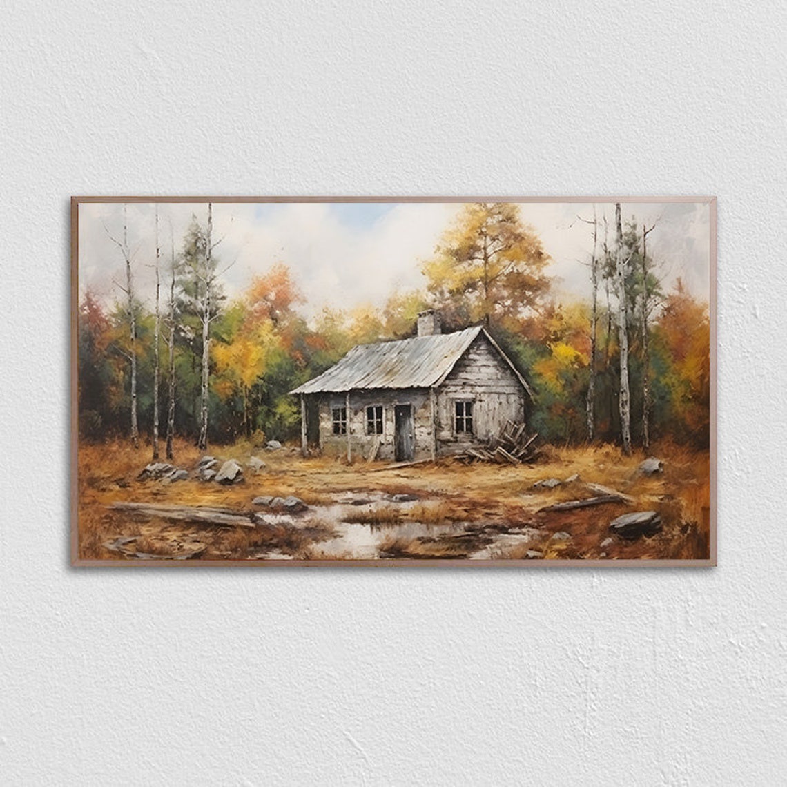 Rustic Log Cabin Birch Trees Autumn Fall Foliage Painting Print