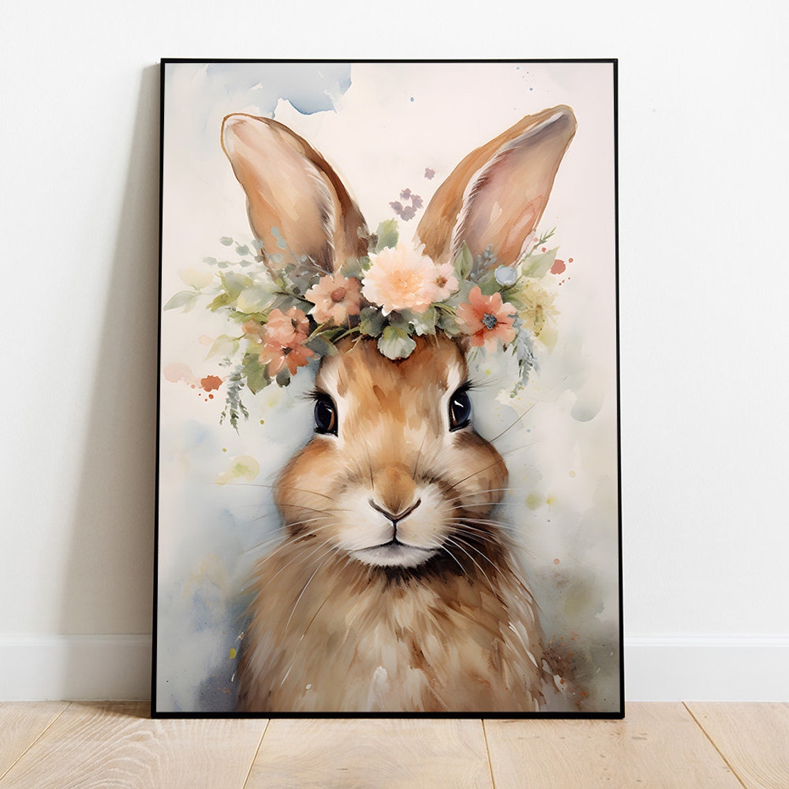 Watercolor Bunny With Floral Crown Spring Pastel Nursery Poster