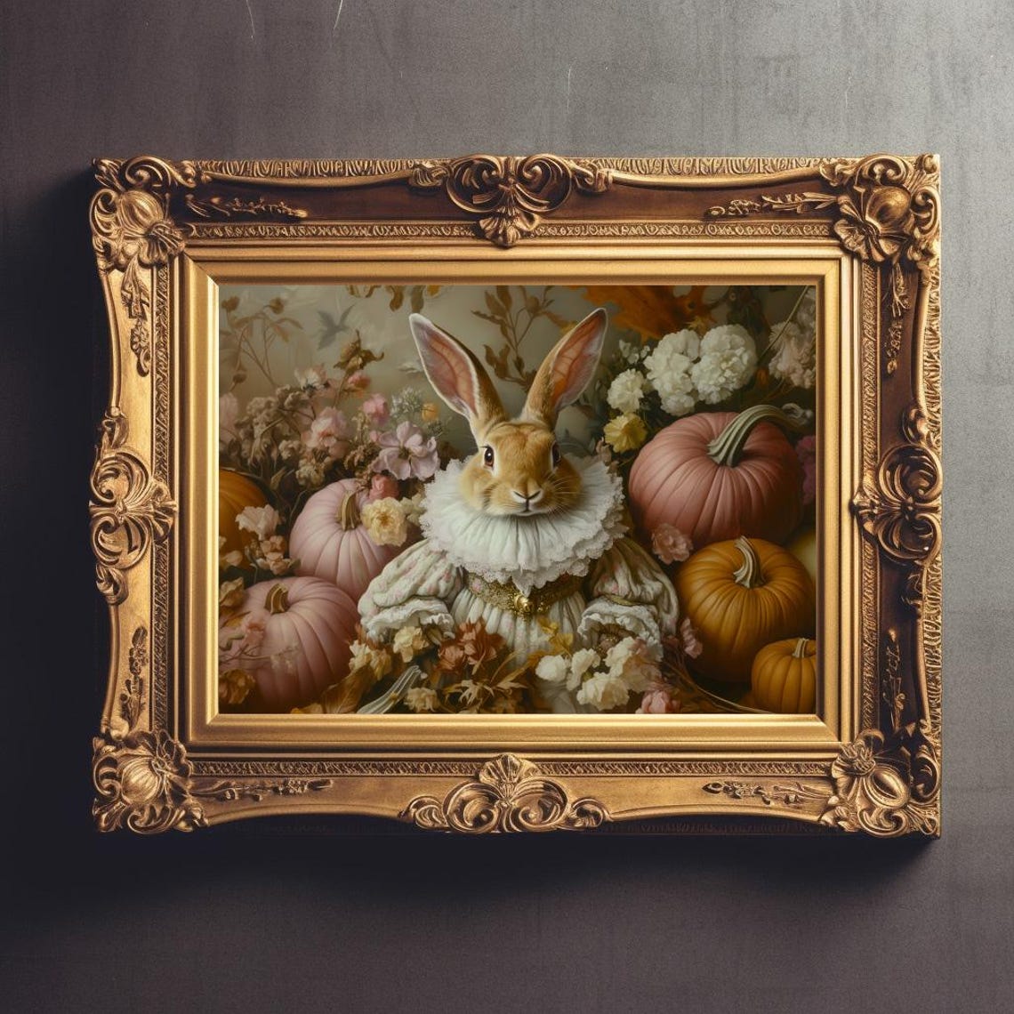 Renaissance Rabbit Pastel Pumpkins Fall Floral Whimsical Animal Poster - Image 3