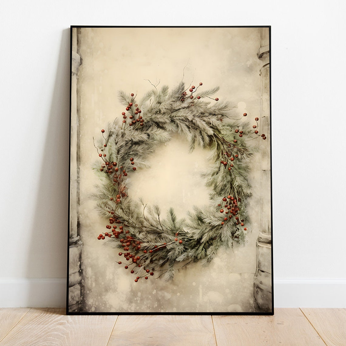 Frosty Pine Wreath With Red Berries Watercolor Christmas Poster