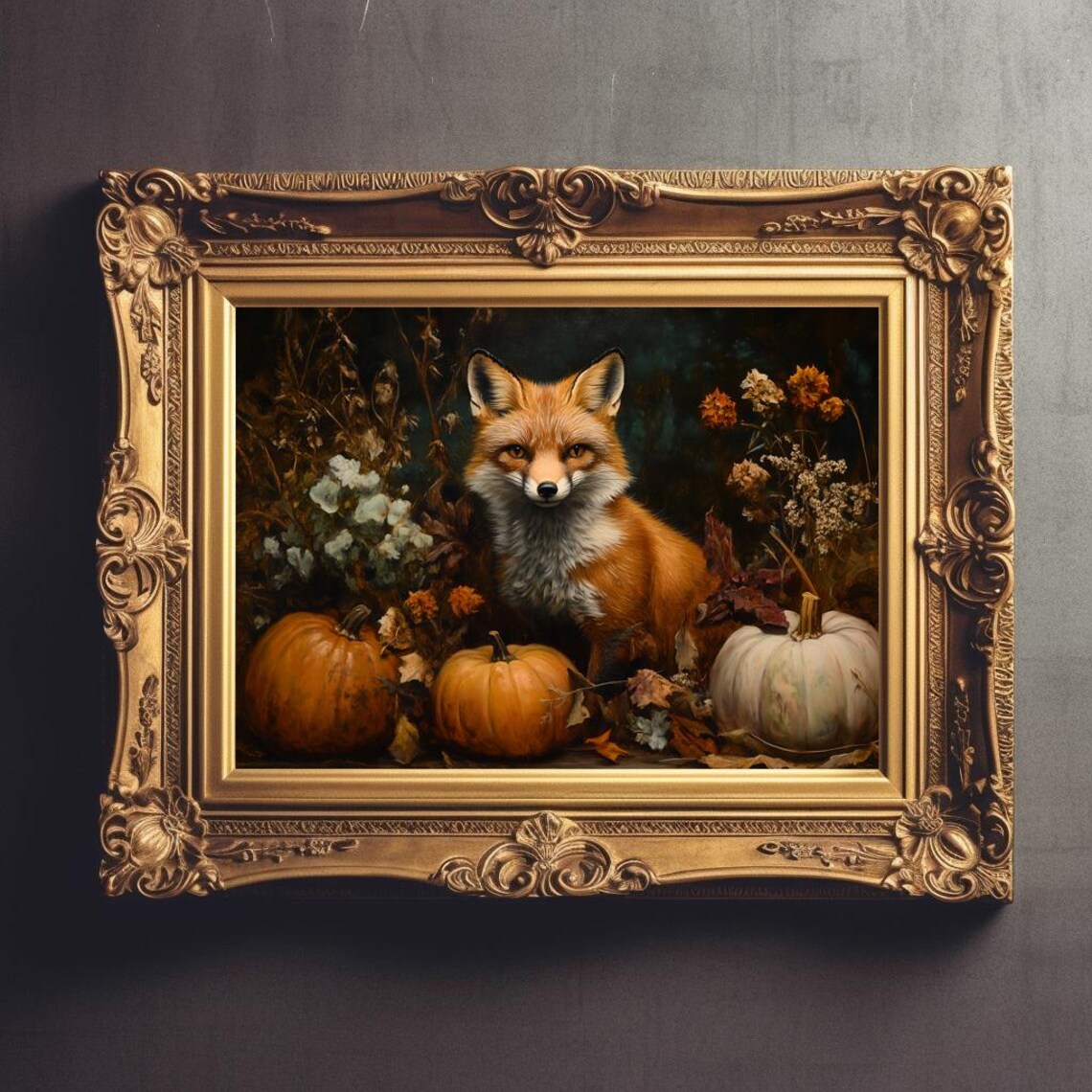 Fox And Pumpkin Wall Art Fox Harvest Fall Print Moody Autumn Print Cottage Core Art Rustic Fall Decor - Image 3