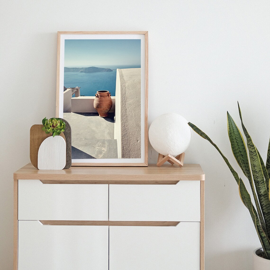 Santorini Terrace Clay Pot Caldera View Blue Sea Greek Island Poster - Image 2