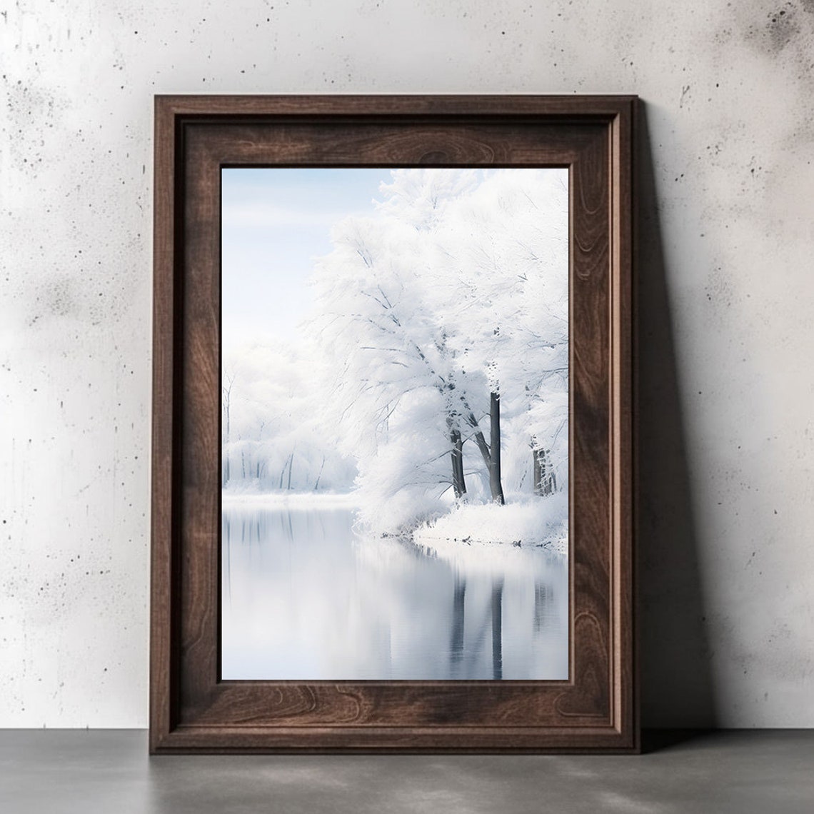 White Winter Forest Beside A Still Snowy Lake Minimalist Poster - Image 2