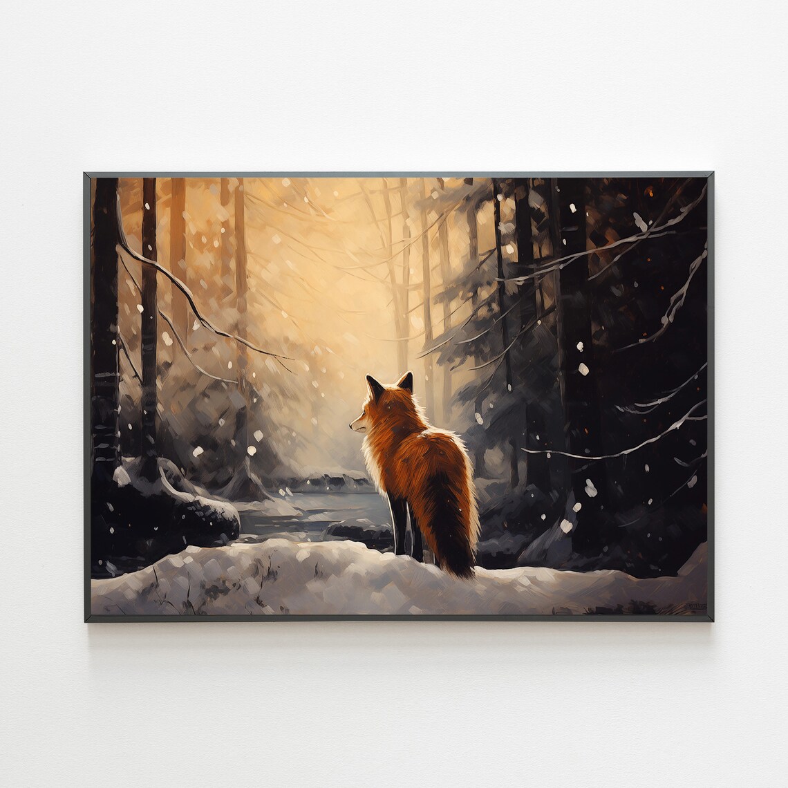 Majestic Red Fox In Snowy Golden Winter Forest Backlit Poster
