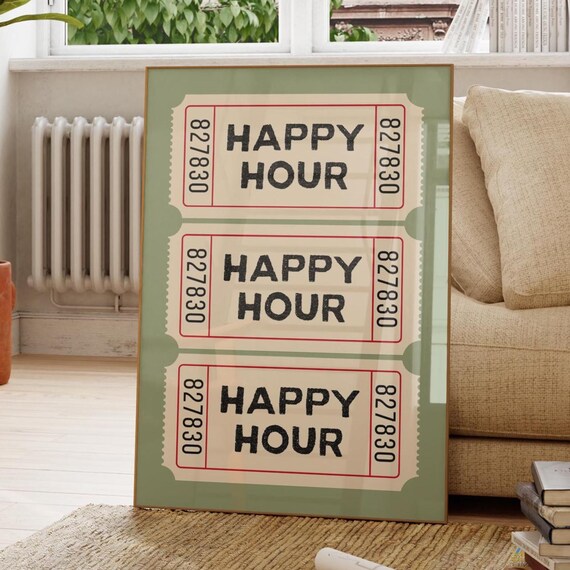 Happy Hour Ticket Stub Sage Green Retro Bar Party Decor Poster
