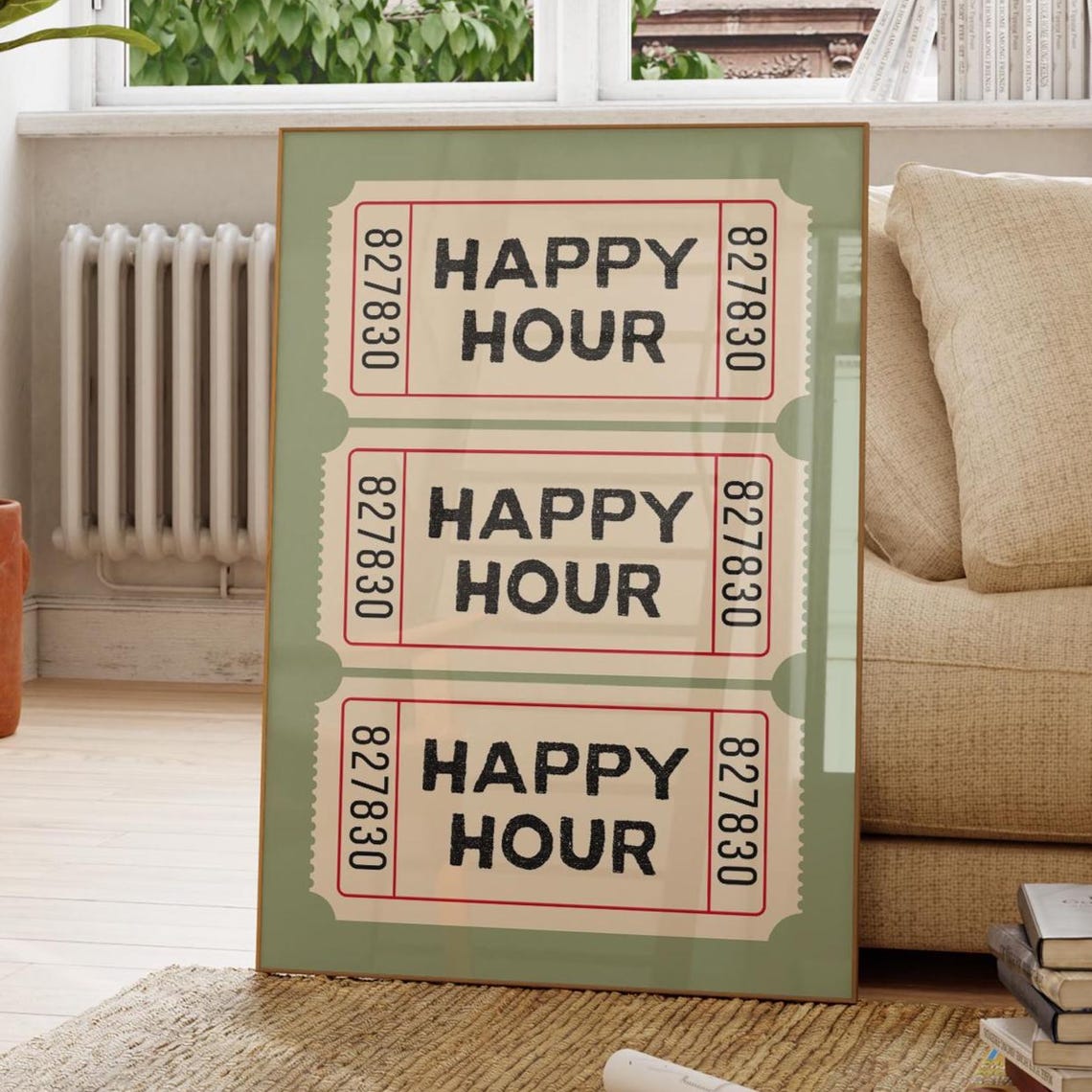 Happy Hour Ticket Stub Sage Green Retro Bar Party Decor Poster