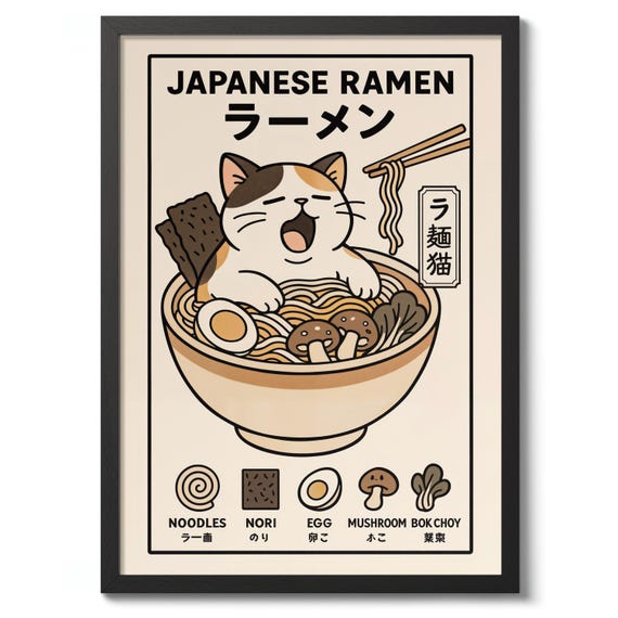 Japanese Ramen Anime Print Cute Cat Noodle Poster Kitchen Wall Art Decor Gift