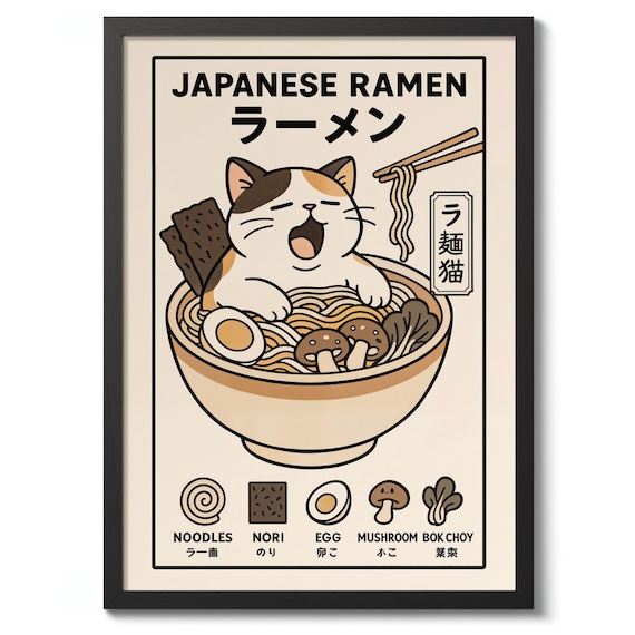 Japanese Ramen Cat Cute Noodle Bowl Kitchen Kawaii Art Poster