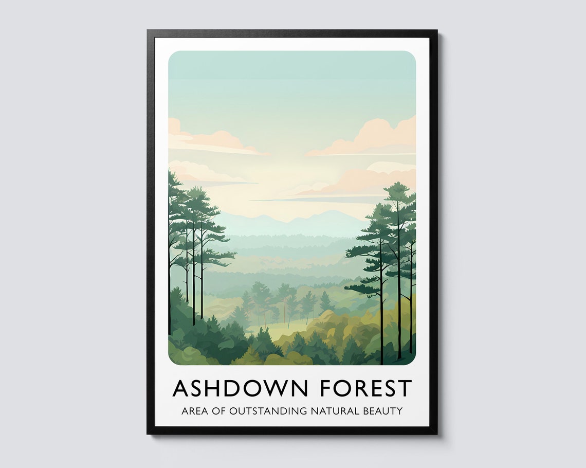 Ashdown Forest Aonb Print Travelinspired Illustration Green Wall Art Decor Uk Landscape Poster Idea
