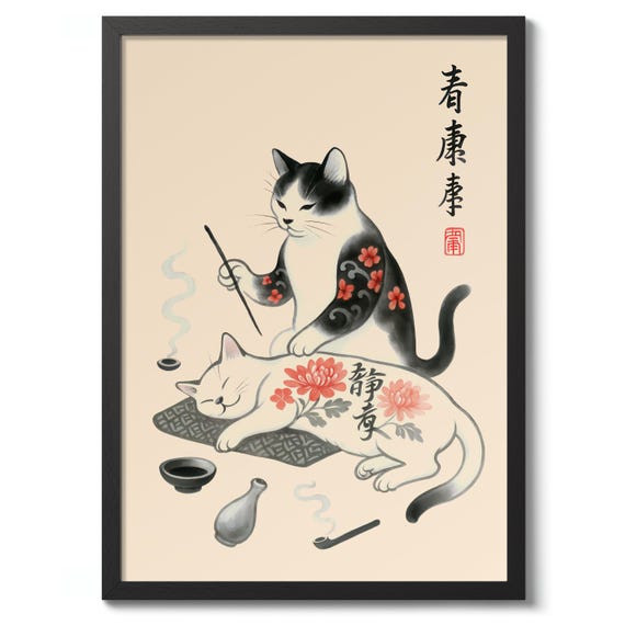 Stick N Poke Japanese Cats Print Woodblock Art Poster Cat Wall Decor Tattoo Theme Flower