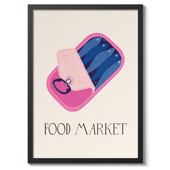 Sardines Food Market Pink Tin Illustration Modern Kitchen Art Print
