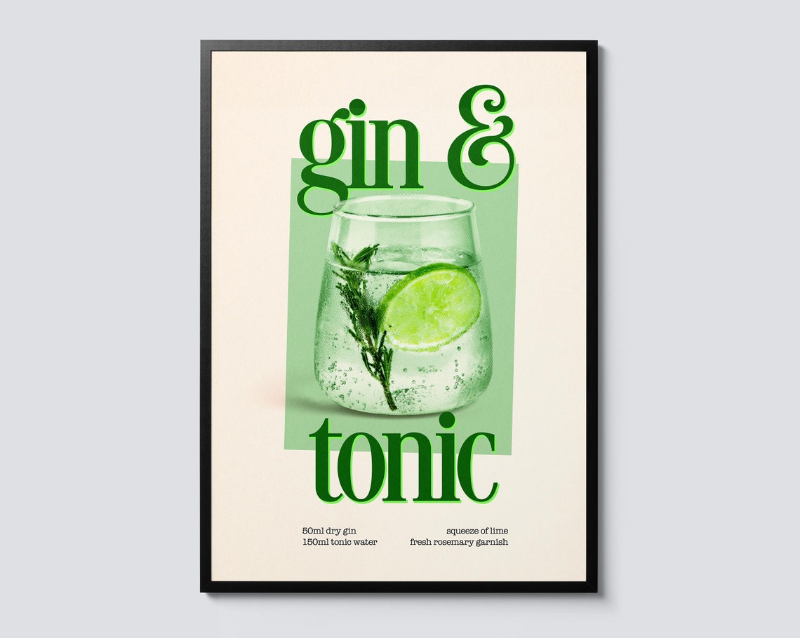 Gin and Tonic Classic Cocktail Recipe Retro Green Kitchen Print