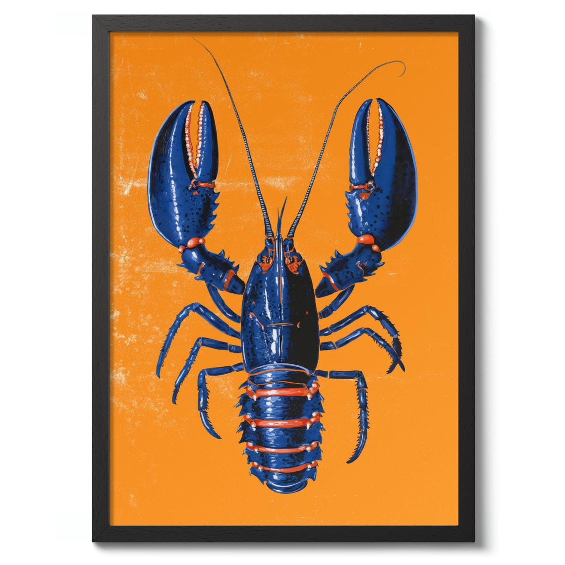 Bold Blue Lobster on Orange Vintage Graphic Shellfish Art Poster