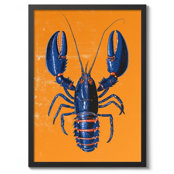 Blue Lobster Print Vintage Graphic Poster Nature Wall Art Decor Shellfish Theme Gift