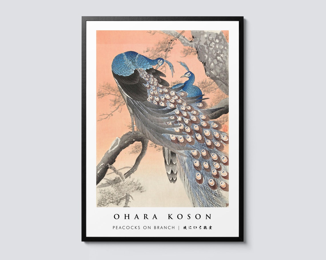 Ohara Koson Peacocks on Branch Japanese Woodblock Art Print Decor