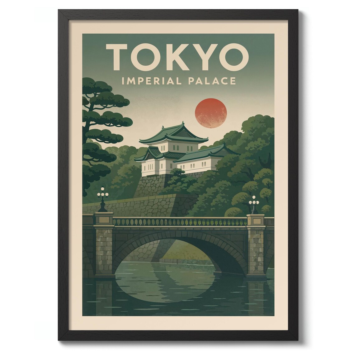 Tokyo Imperial Palace Bridge Retro Sunset Japanese Travel Art Poster