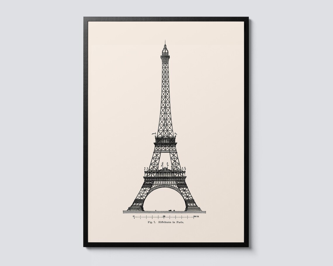 Eiffel Tower Paris Vintage Travel Poster, Line Illustration