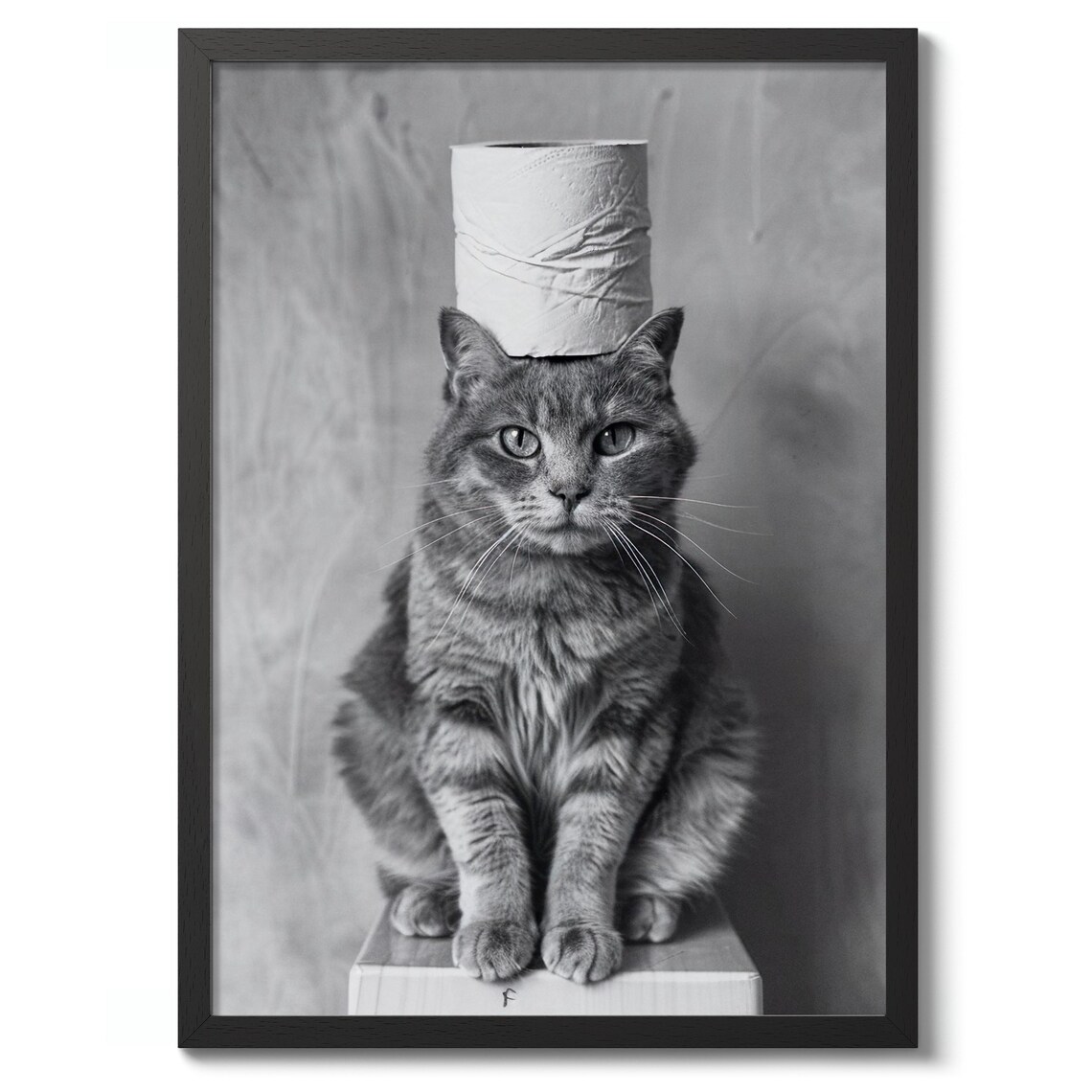 Cat Balancing Toilet Paper Roll Funny Black and White Photo Print