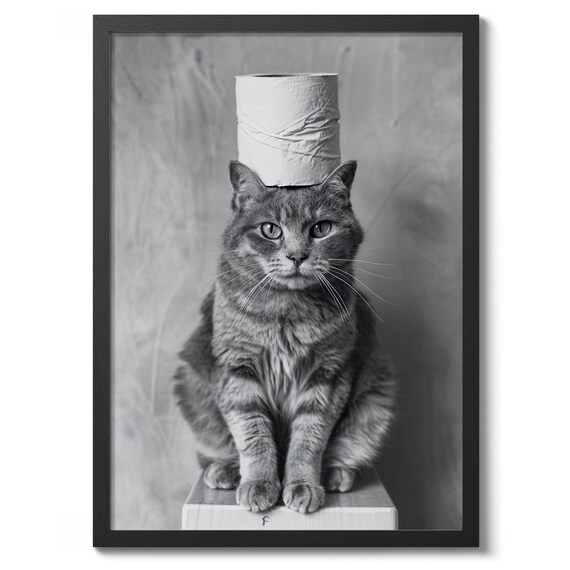 Cat Balancing Toilet Paper Roll Funny Black and White Photo Print