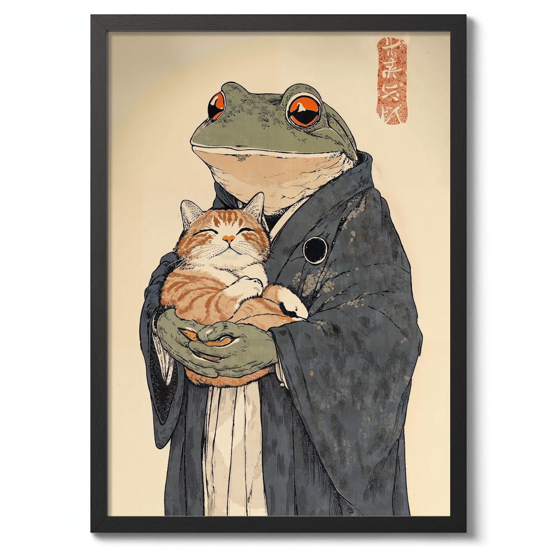 Frog Holding Cat Anime Poster Print, Animal Gift