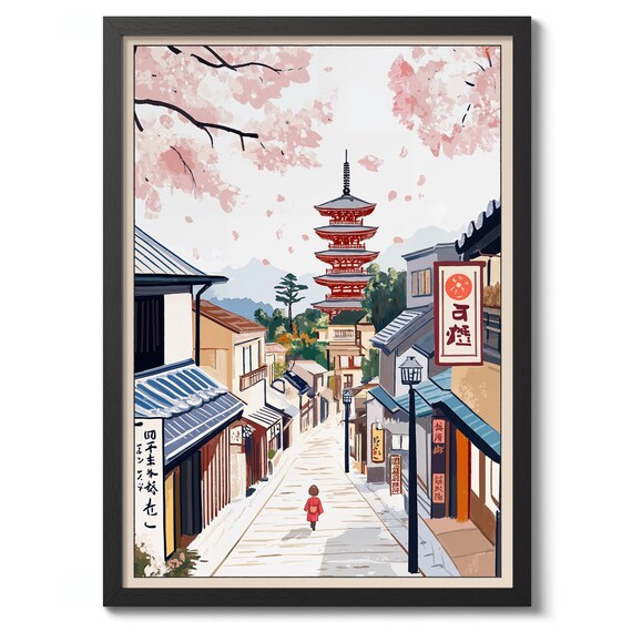 Kyoto Cherry Blossom Street Pagoda Japanese Anime Style Poster