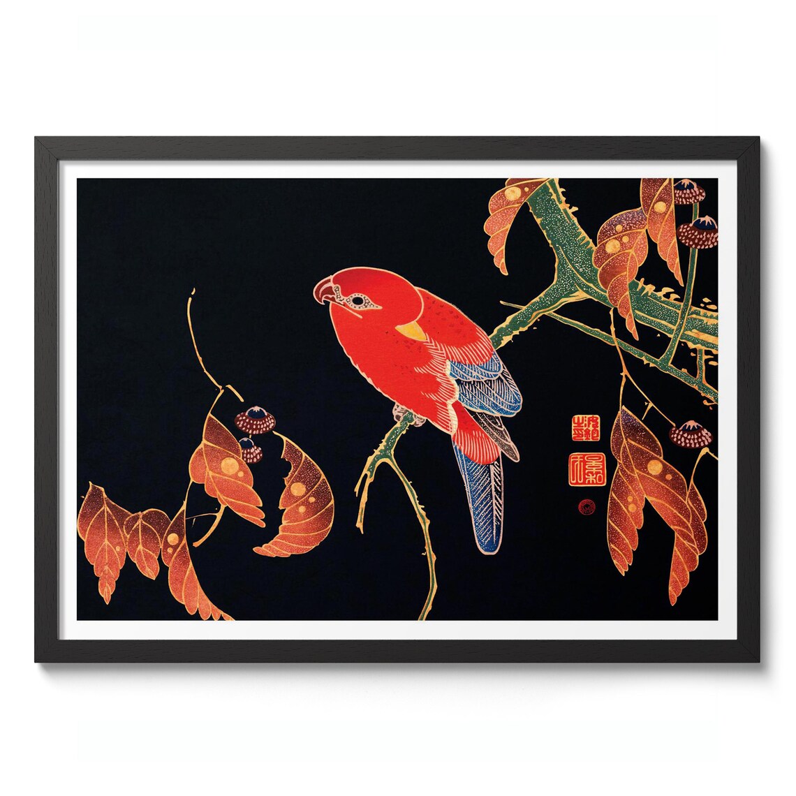 Ito Jakuchu Red Parrot Autumn Leaves Japanese Woodblock Bird Poster