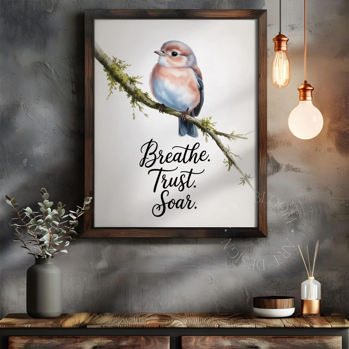 Bluebird With Breathe Trust Soar Quote Watercolor Bird Art Poster