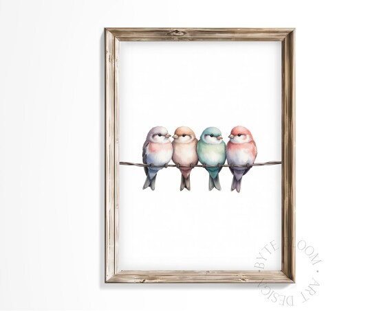 Four Pastel Songbirds On A Wire Watercolor Minimalist Art Poster