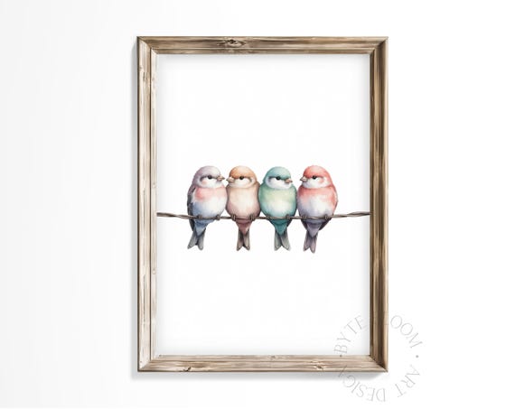 Pastel Birds On Wire Watercolor Print Nursery And Home Wall Art