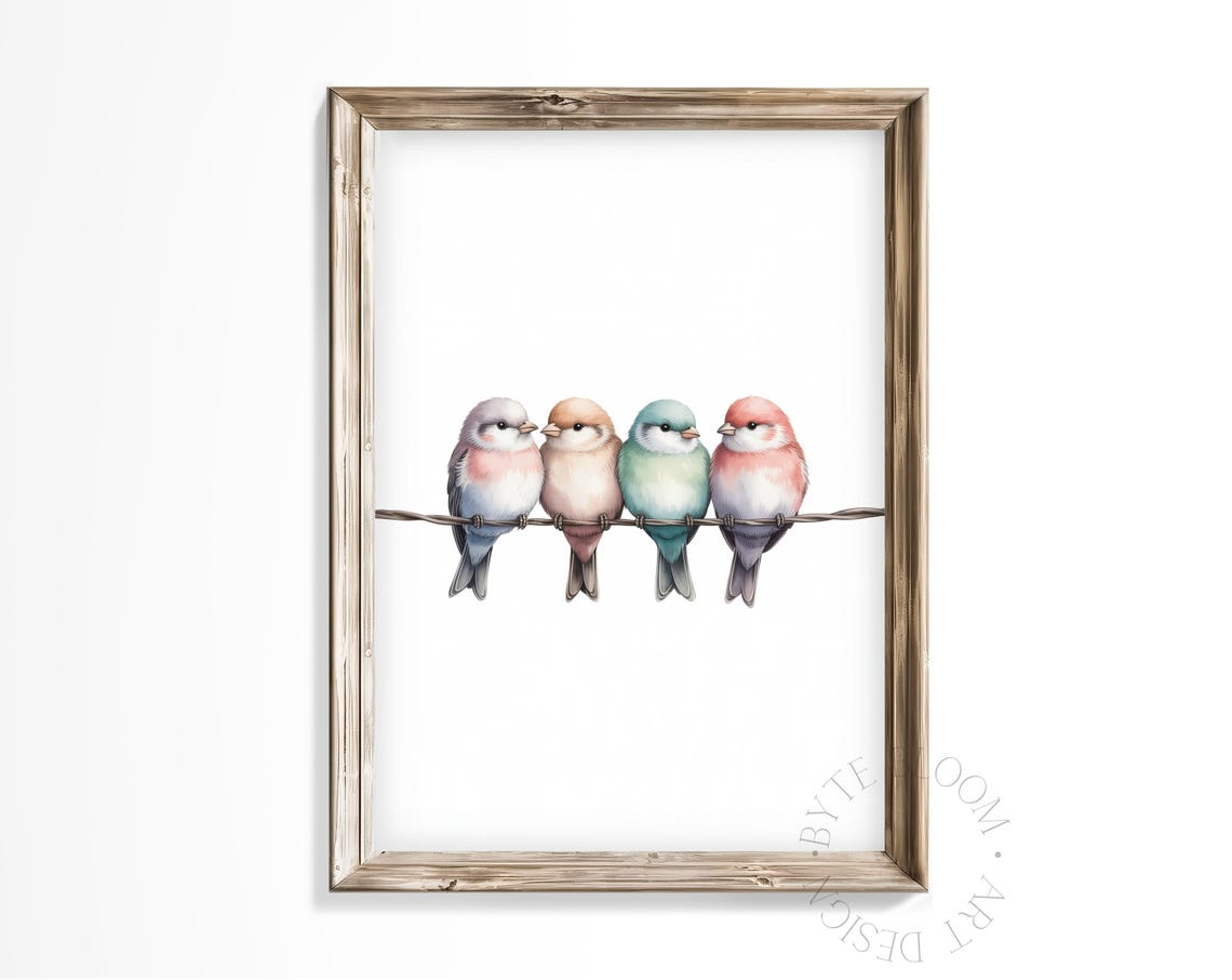Four Pastel Songbirds On A Wire Watercolor Minimalist Art Poster