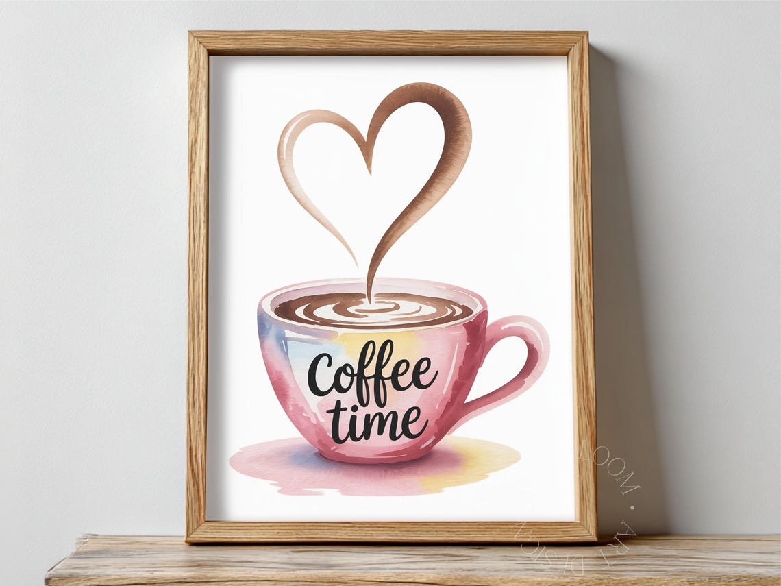 Pink Coffee Time Watercolor Cup Heart Steam Cozy Kitchen Poster