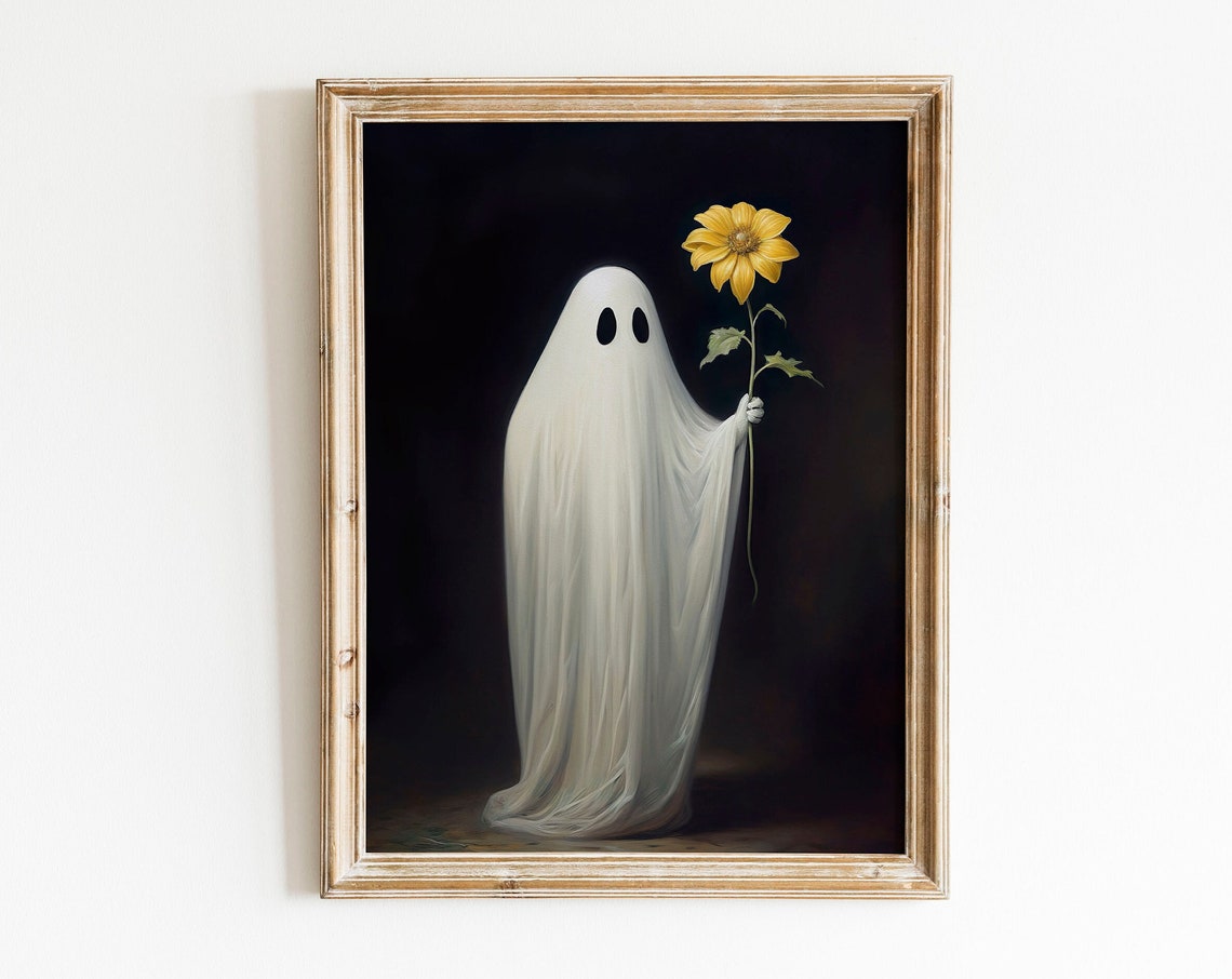 Ghost Holding Yellow Flower Dark Background Gothic Floral Poster